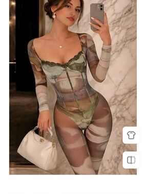 Sheer Abstract Print Long-Sleeve Bodysuit in Olive Tones